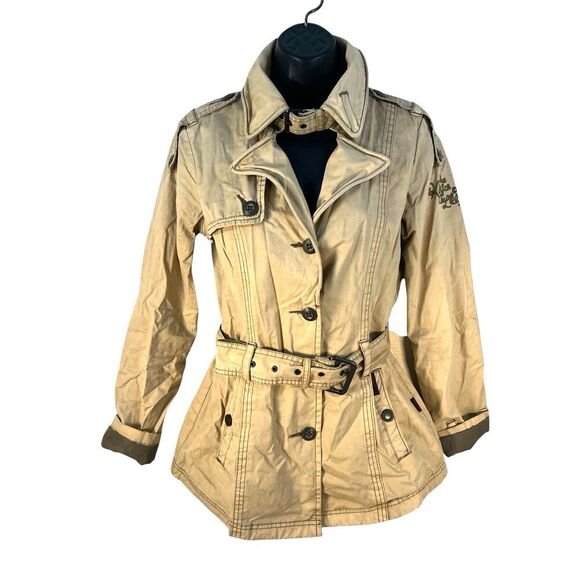 KHUJO womens sz S trench coat khaki beige‎ - Picture 2 of 10